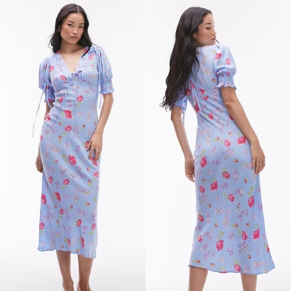 Topshop Midi Dress with Tie Detail in Blue Vintage Floral‎ Print NWT - Picture 1 of 7